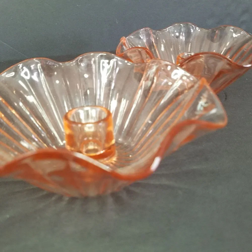 Vintage Anchor Hocking Large Pink Glass Ruffled Bowl & Matching Candle Holders